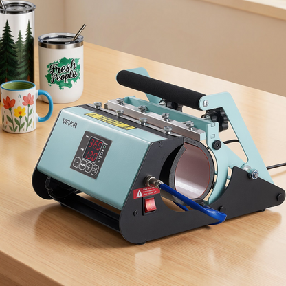 Start2Finish VEVOR Tumbler Heat Press Machine for 11-30 oz mugs, with tape, gloves, and adjustable temperature controls.