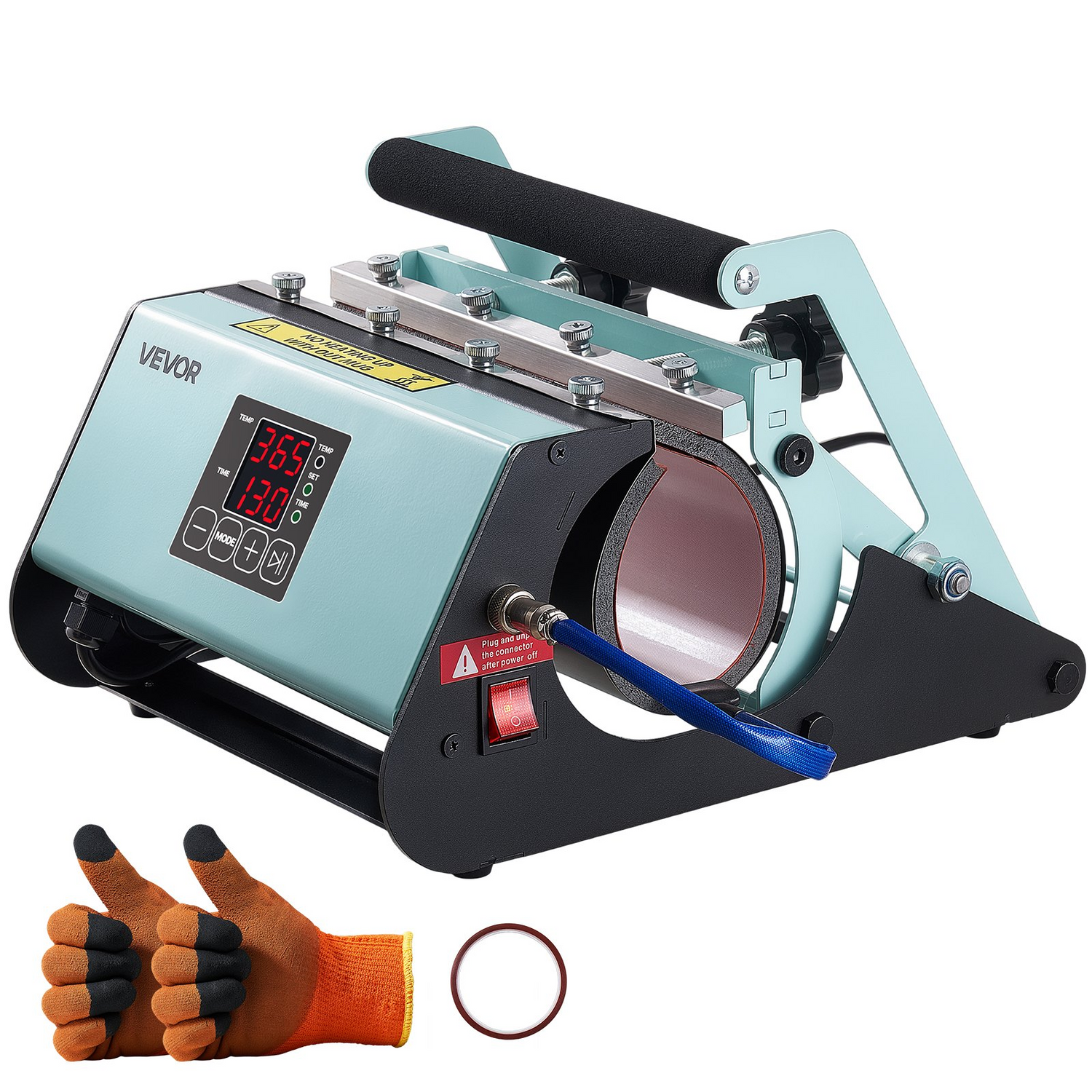 Start2Finish VEVOR tumbler heat press machine for sublimation mugs, 11-30 oz, black and green with tape and gloves.