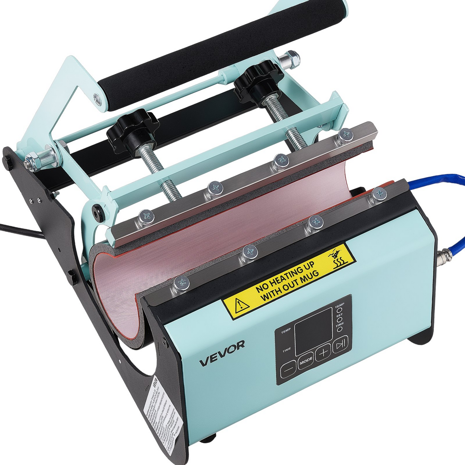 Start2Finish VEVOR tumbler heat press machine for sublimation, with tape and gloves, adjustable temperature and time settings.