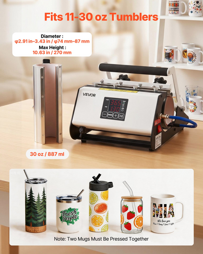 Start2Finish VEVOR tumbler heat press machine for sublimation of mugs and tumblers, with temperature controls and accessories.