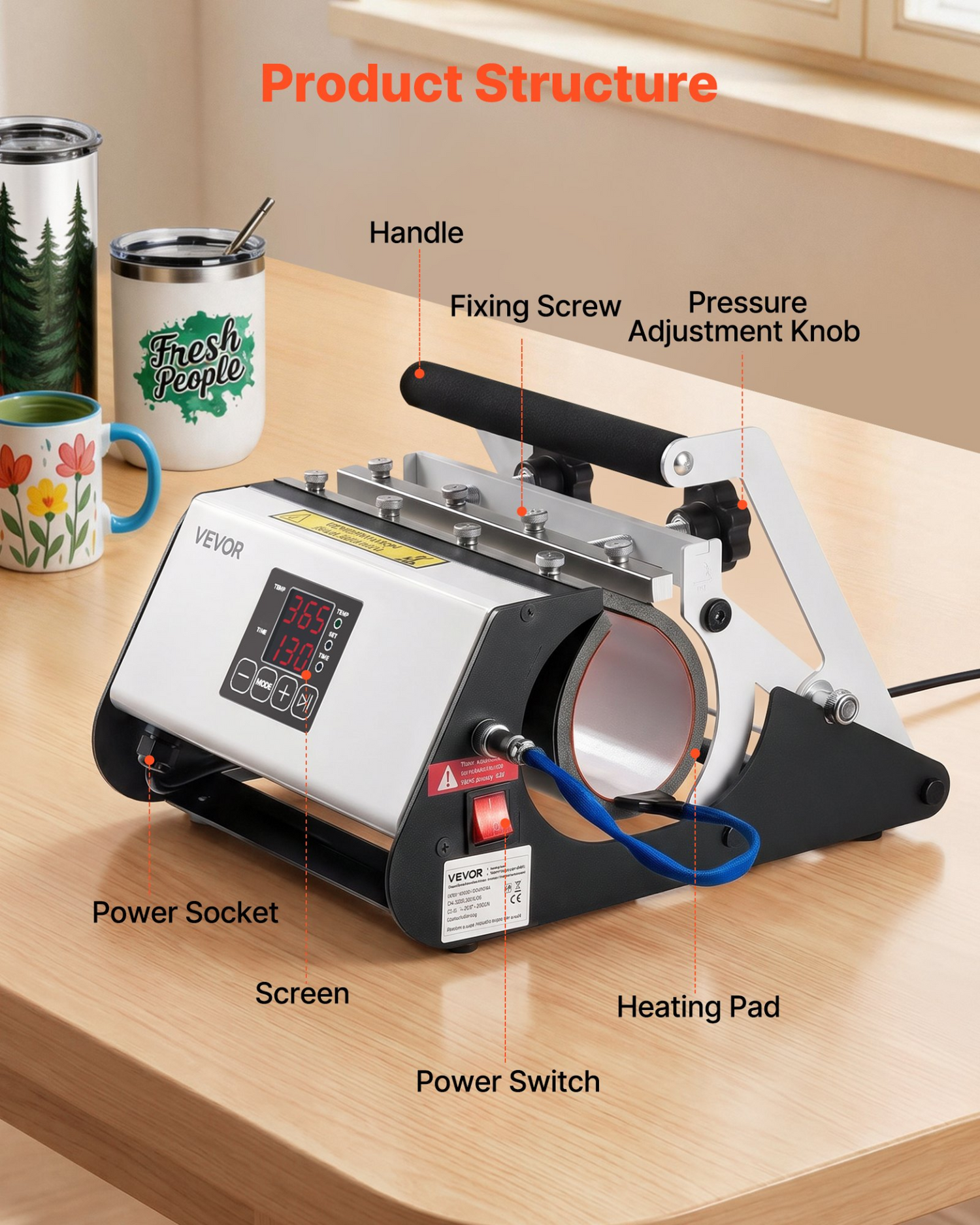 Start2Finish VEVOR tumbler heat press machine for sublimation mugs and cups, black and white, with tape and gloves.