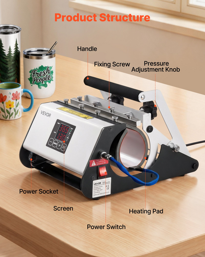 Start2Finish VEVOR tumbler heat press machine for sublimation mugs and cups, black and white, with tape and gloves.