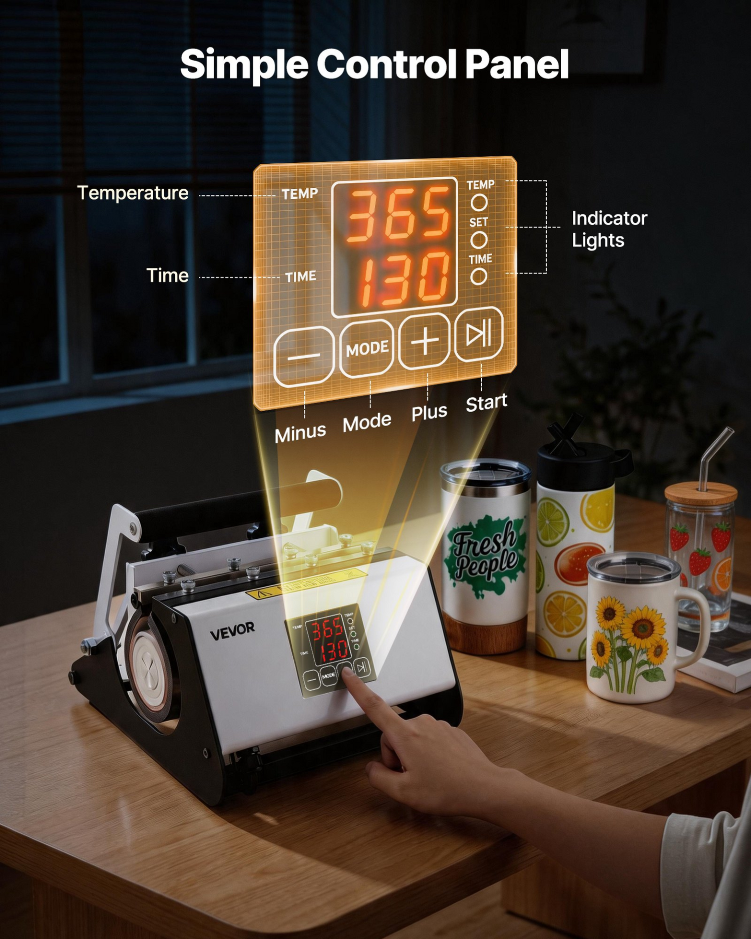 Start2Finish VEVOR tumbler heat press machine for sublimation, 11-30 oz mug press with tape, gloves, and adjustable temperature.