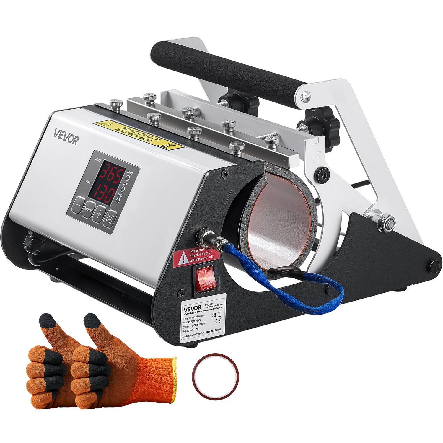 Start2Finish VEVOR tumbler heat press machine for sublimation, black, with tape, gloves, and easy temperature and time controls.