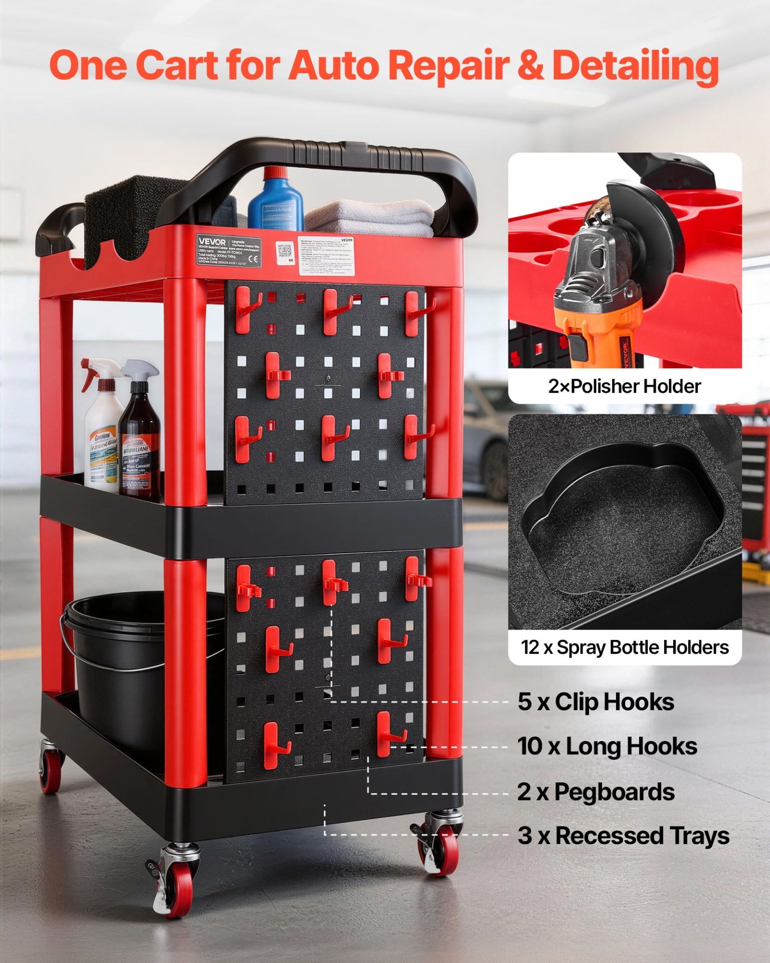 Start2Finish VEVOR 300 lb capacity 3-tier utility cart with swivel wheels, trays, pegboards, and tool storage for garage or warehouse.