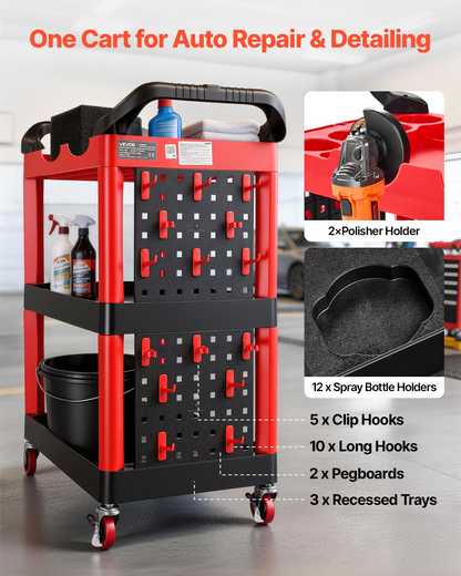 Start2Finish VEVOR 300 lb capacity 3-tier utility cart with swivel wheels, trays, pegboards, and tool storage for garage or warehouse.