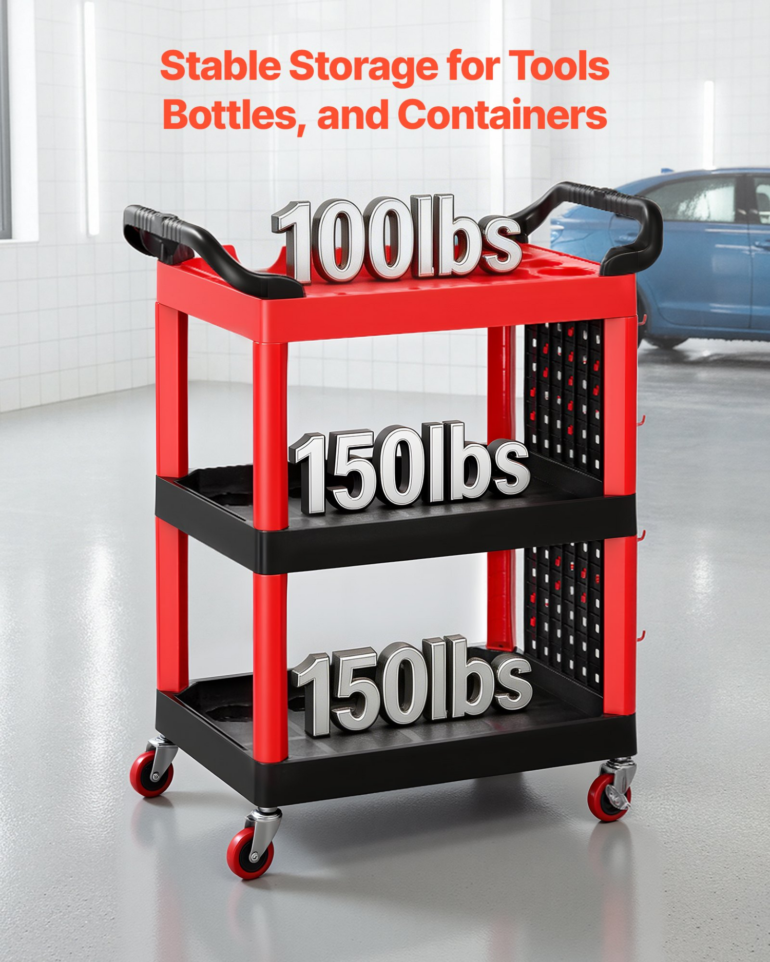 Start2Finish VEVOR 3-tier utility cart with swivel wheels, plastic trays, pegboards, and tool storage for garage or warehouse use.