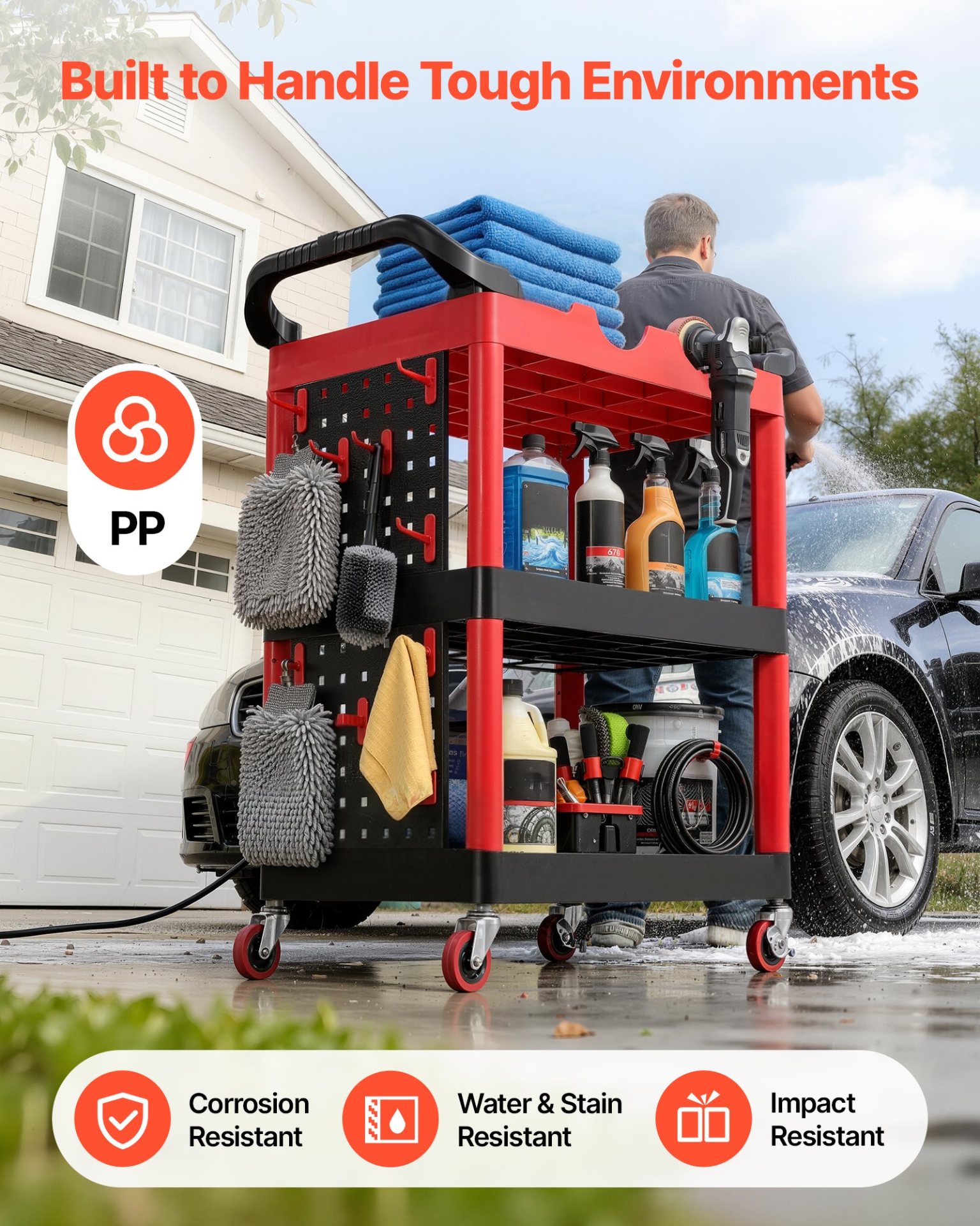 Start2Finish VEVOR utility cart with three tiers, swivel wheels, plastic trays, pegboards, and tool storage for garage or warehouse.
