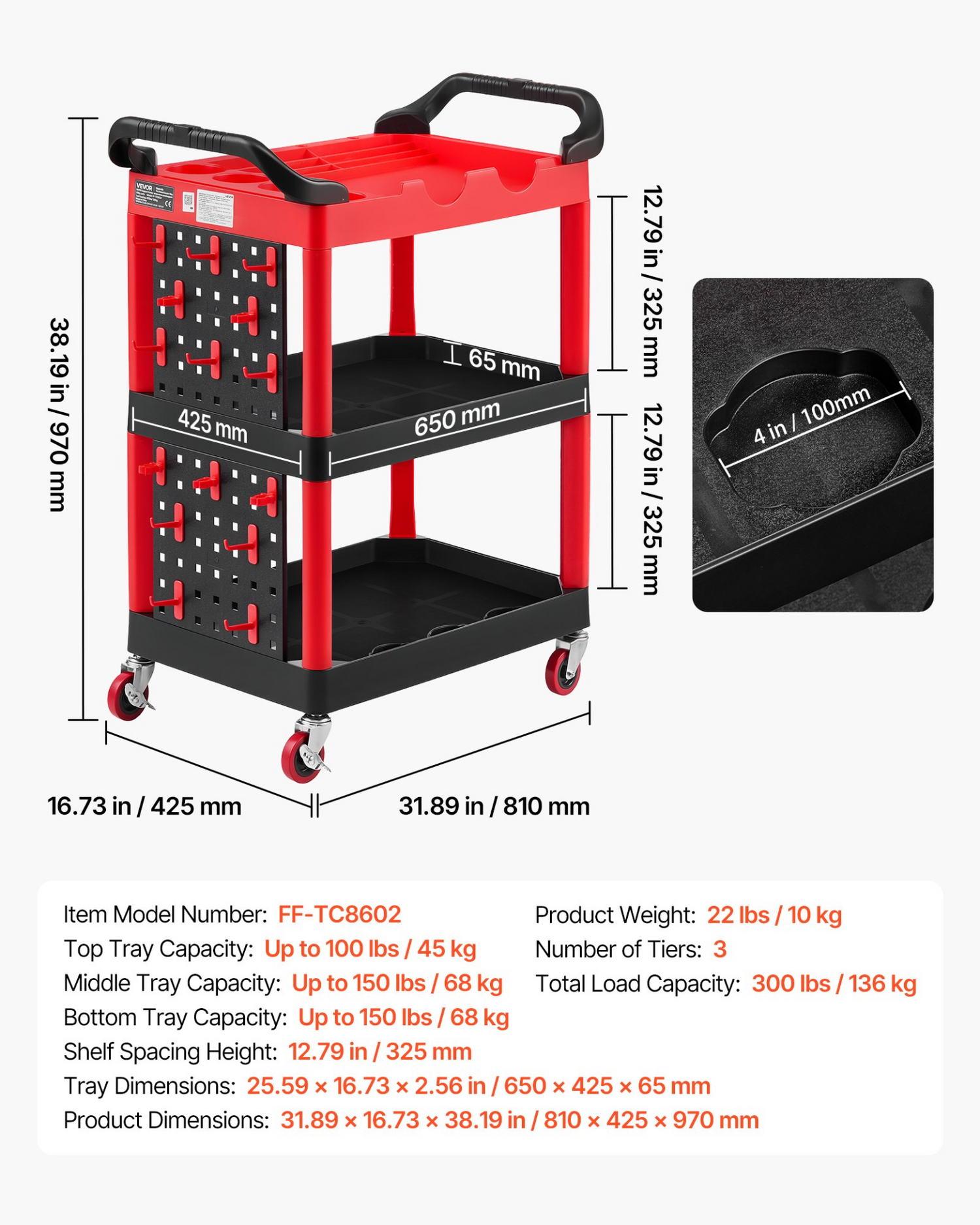 Start2Finish VEVOR 3-tier utility cart with swivel wheels, plastic trays, pegboards, and tool storage for garage or warehouse use.