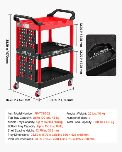 Start2Finish VEVOR 3-tier utility cart with swivel wheels, plastic trays, pegboards, and tool storage for garage or warehouse use.