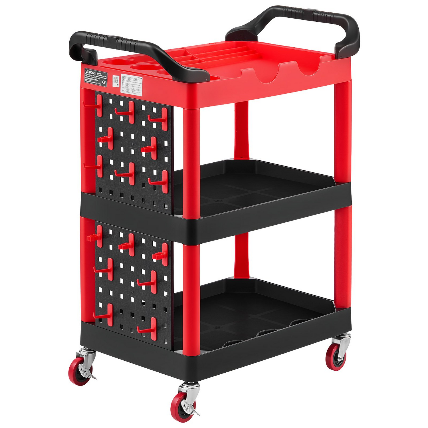 Start2Finish VEVOR 3-tier utility cart with 300 lbs capacity, plastic rolling service cart with swivel wheels and tool storage.