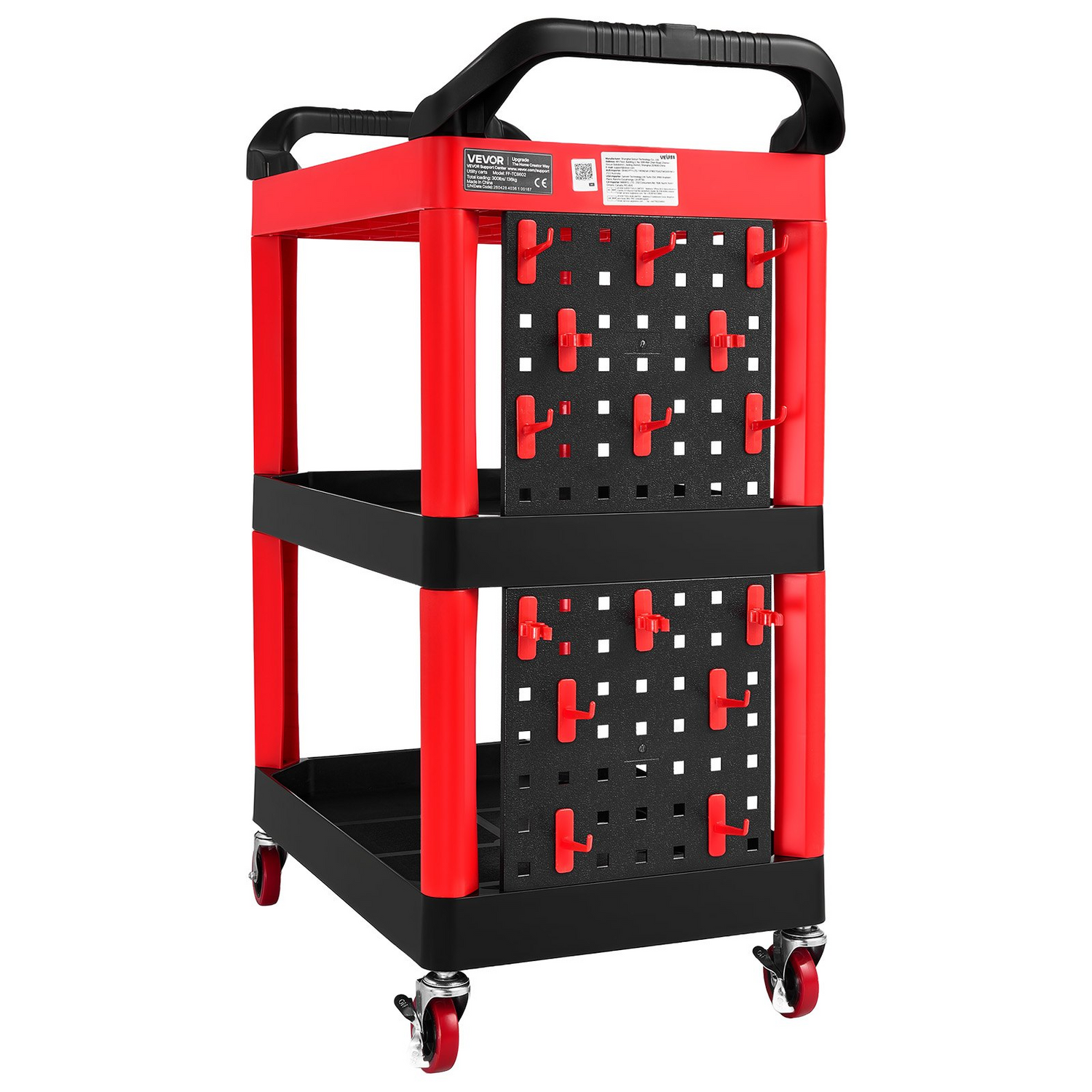 Start2Finish VEVOR utility cart with three tiers, 300 lbs capacity, swivel wheels, trays, and pegboards for garage or warehouse use.