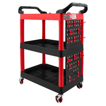 Start2Finish VEVOR 3-tier utility cart with swivel wheels, plastic trays, pegboards, and tool storage for garage and warehouse use.