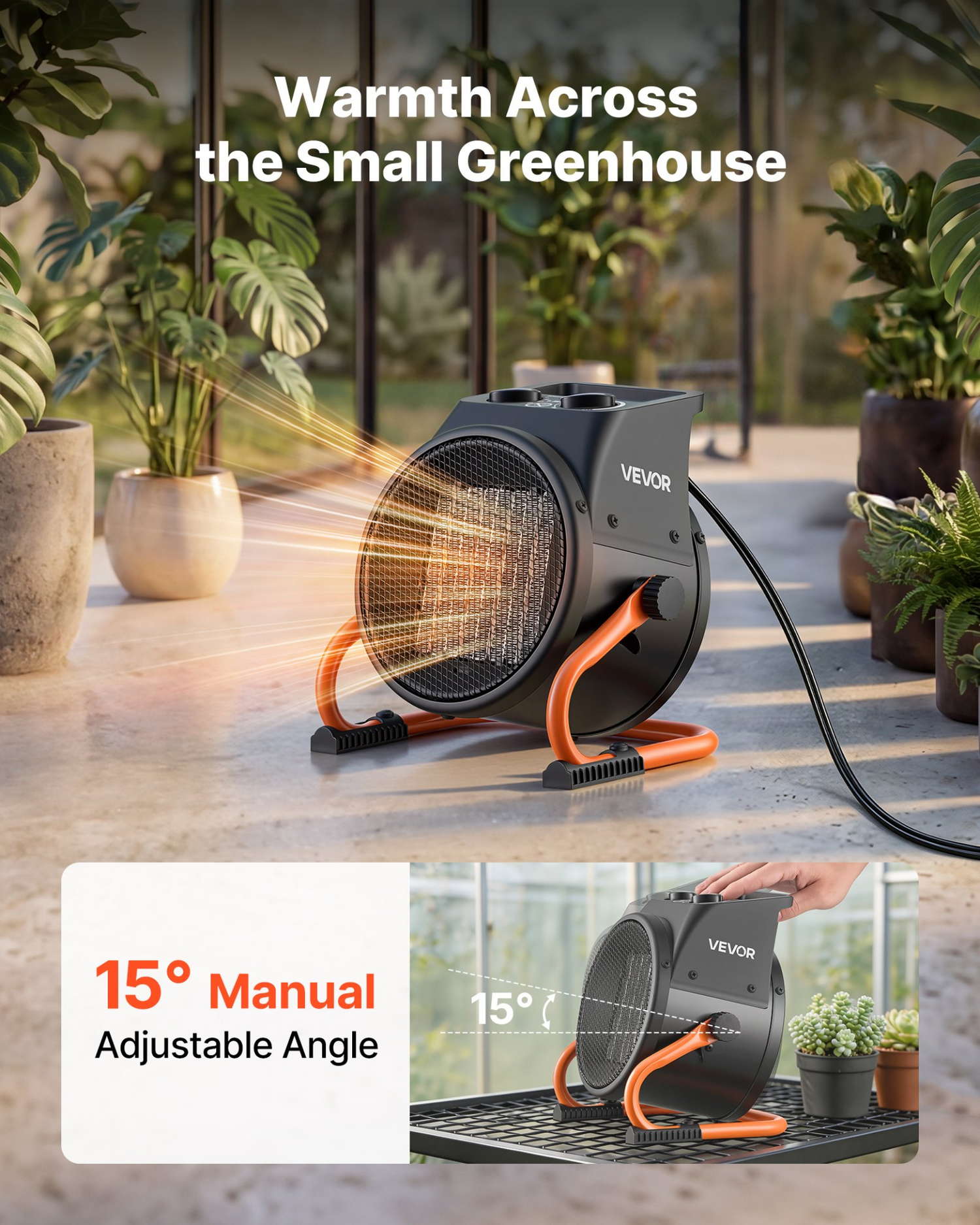 Start2Finish VEVOR 1500W greenhouse heater with fan, thermostat, adjustable angle, and overheat protection for grow tents and indoor spaces