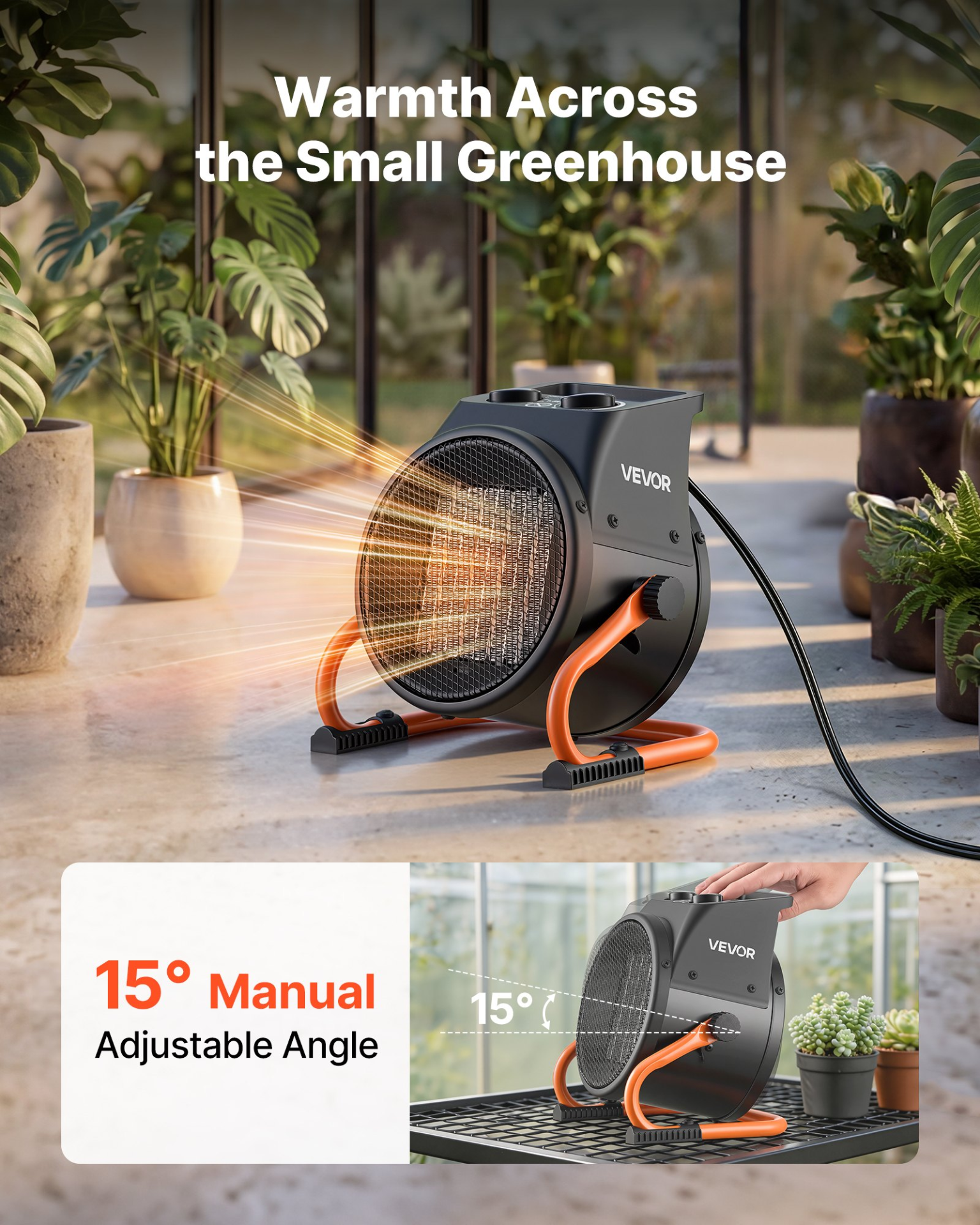 Start2Finish VEVOR 1500W greenhouse heater with fan, thermostat, adjustable angle, and overheat protection for grow tents and indoor spaces