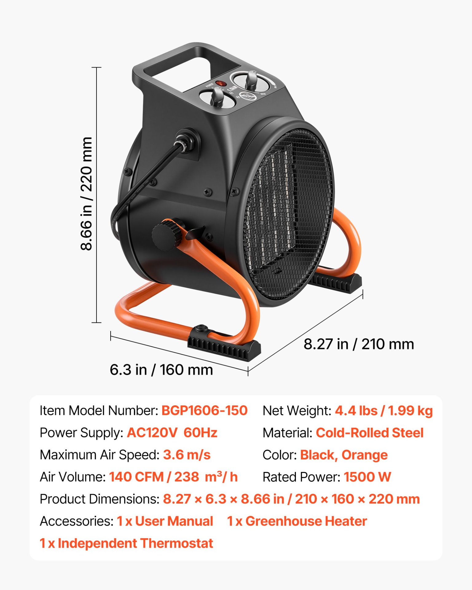 Start2Finish VEVOR 1500W greenhouse heater with fan, thermostat, adjustable angle, and overheat protection for grow tents and home use.