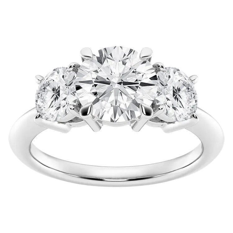 AGI Certified 2 CTW three-stone lab-grown diamond engagement ring in G/VS, set in 14K white gold over sterling silver.