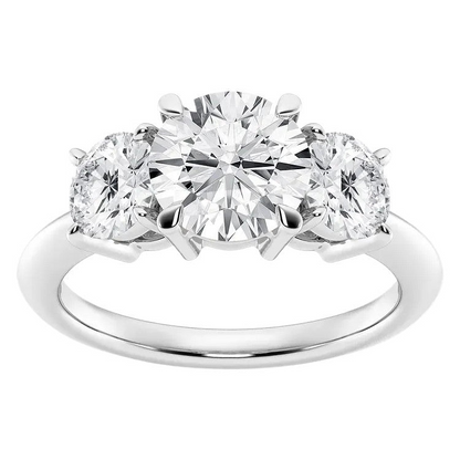AGI Certified 2 CTW three-stone lab-grown diamond engagement ring in G/VS, set in 14K white gold over sterling silver.