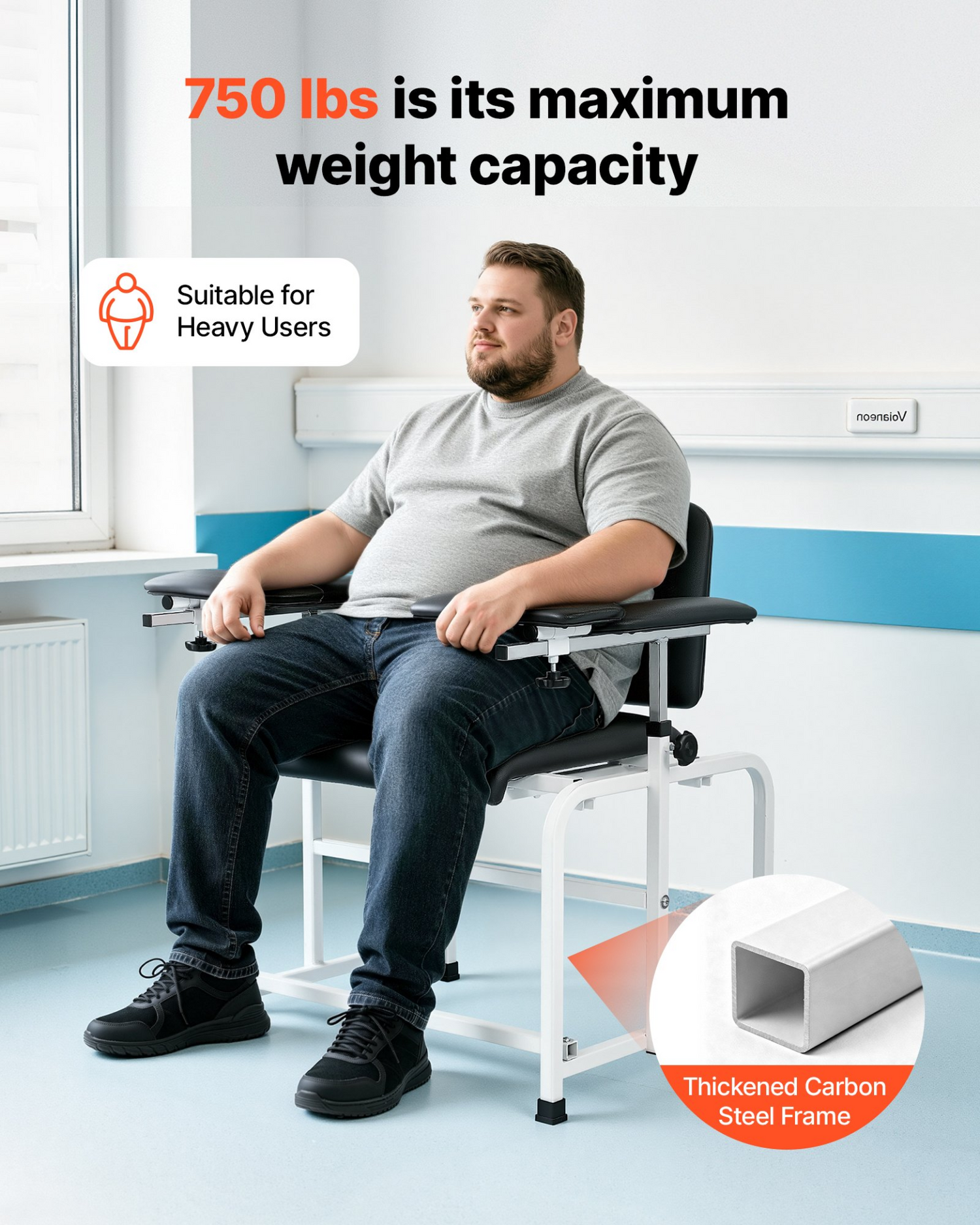 Start2Finish VEVOR phlebotomy chair with adjustable armrests, padded seat, PVC leather, designed for blood draws in medical clinics.