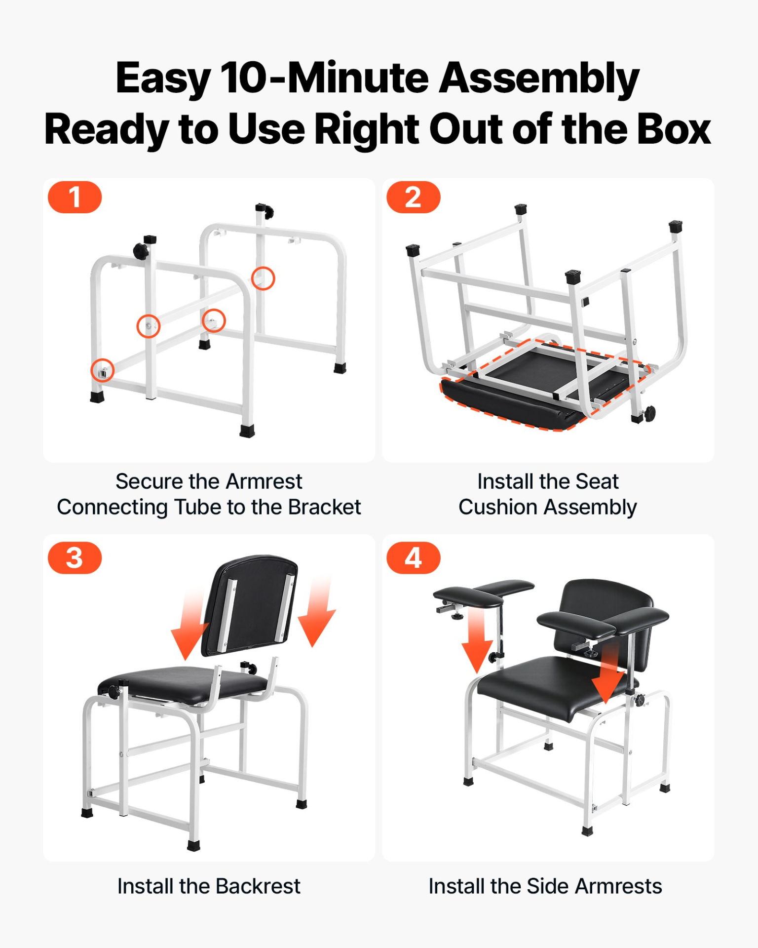 Start2Finish VEVOR phlebotomy chair with padded seat, adjustable armrests, PVC leather, suitable for blood draws in medical clinics.