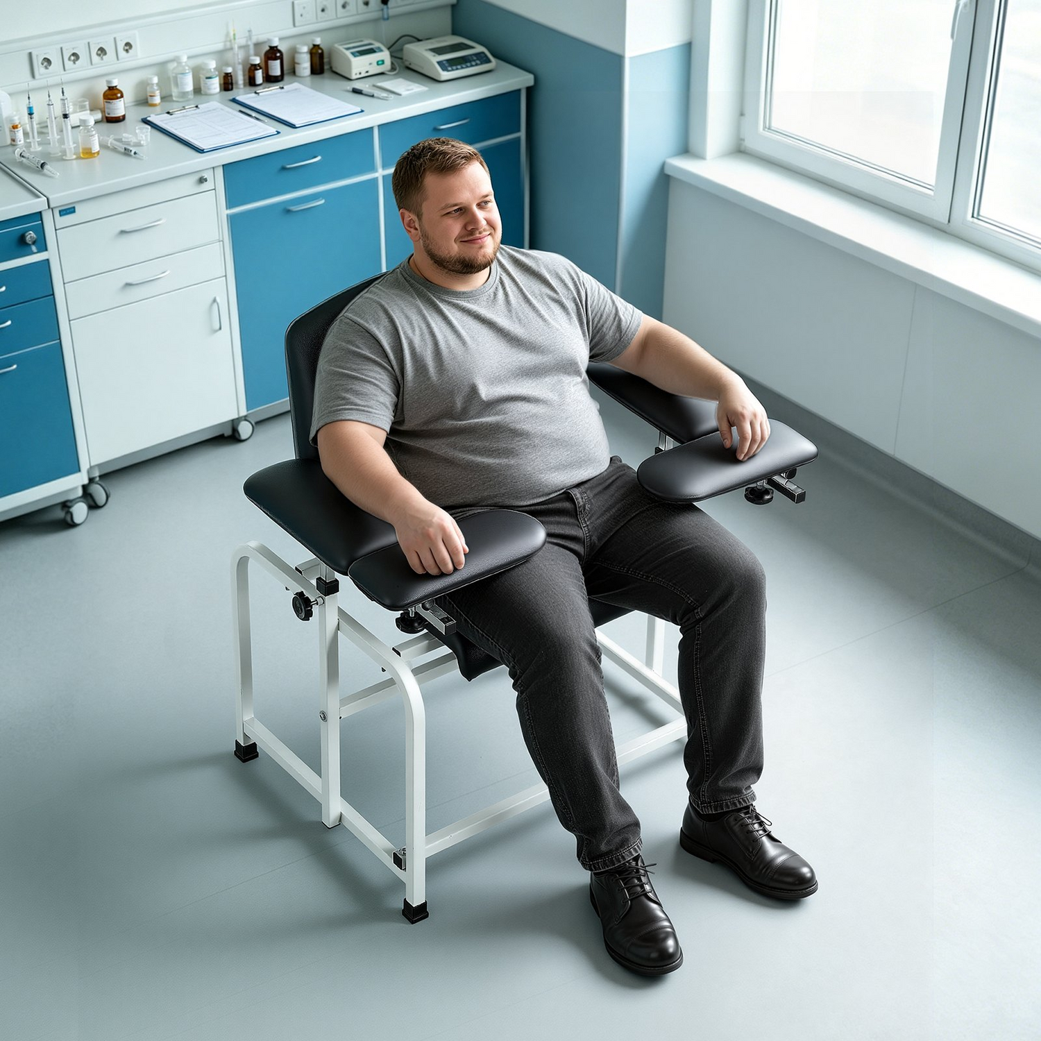 Start2Finish VEVOR phlebotomy chair with padded seat, adjustable armrests, PVC leather, suitable for blood draws in medical clinics.