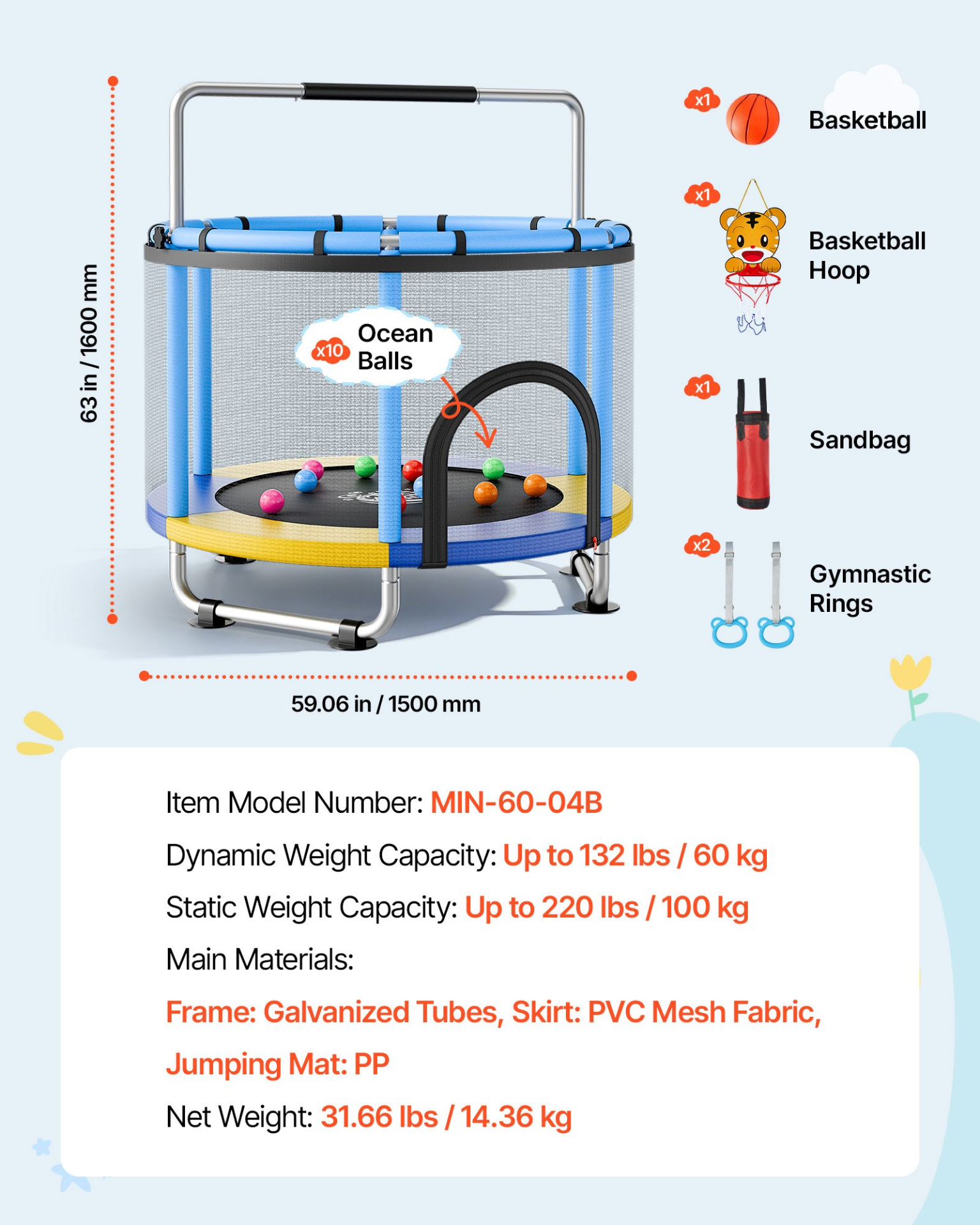 Start2Finish VEVOR 60-inch toddler trampoline with enclosure net and adjustable gymnastics bar for indoor and outdoor play.