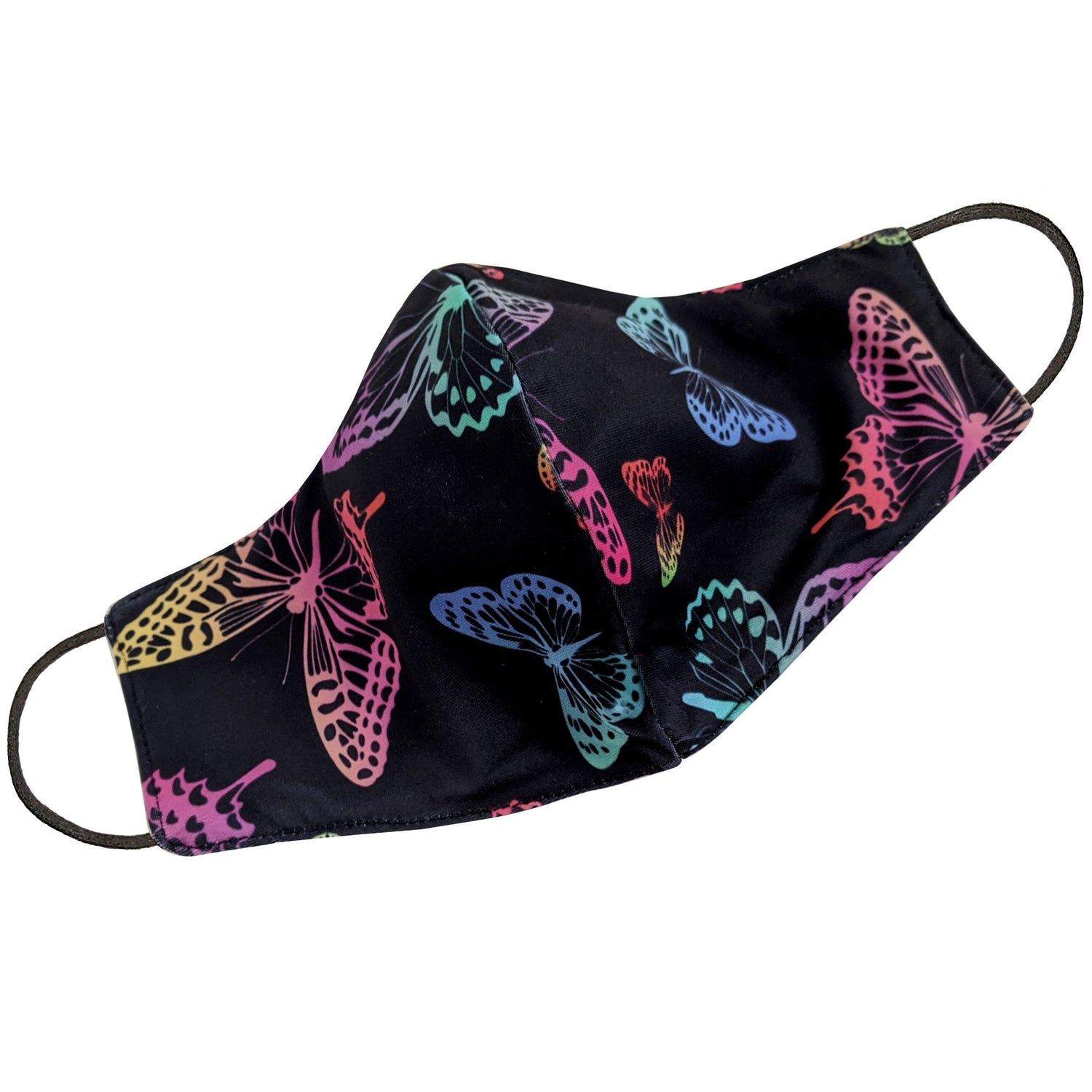 Black neon butterfly face mask for women by Cyan Poppy, featuring vibrant butterfly designs on a dark background.