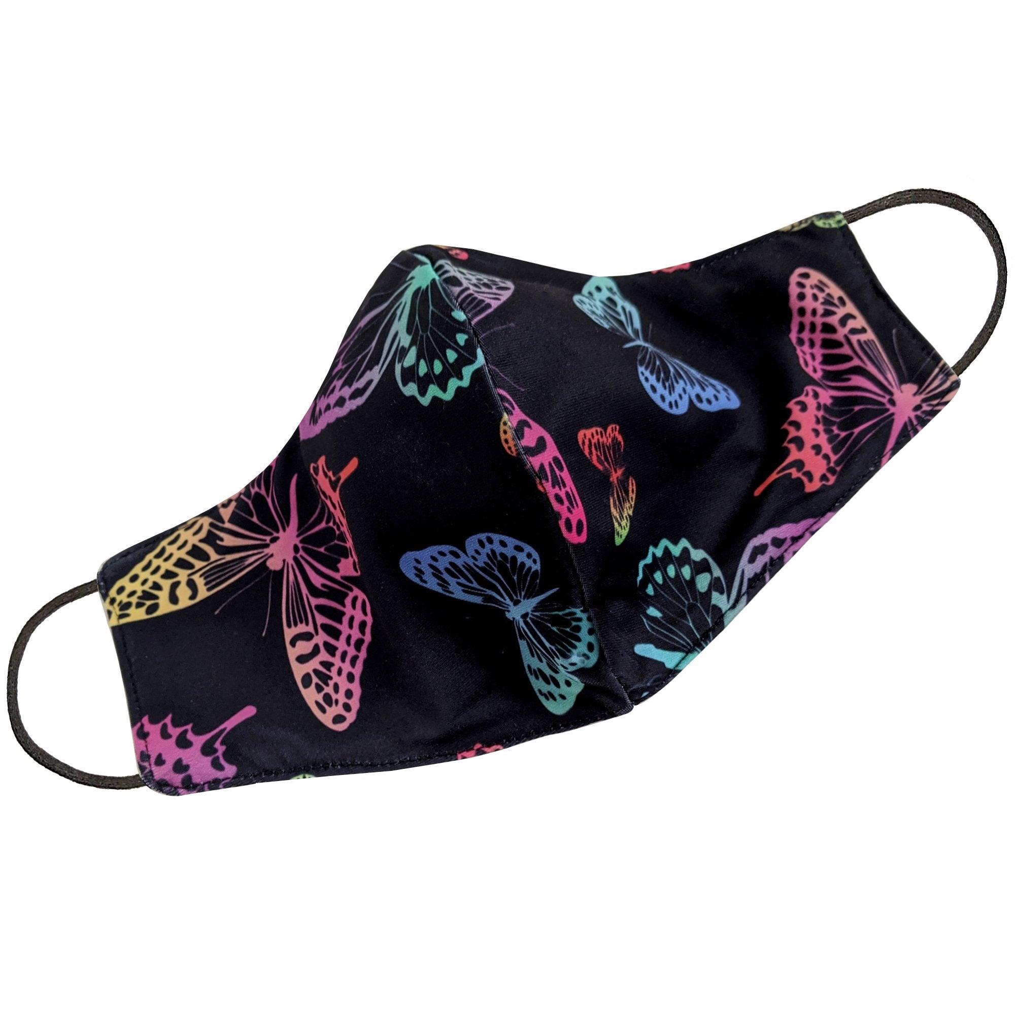 Black neon butterfly face mask for women by Cyan Poppy, featuring vibrant butterfly designs on a dark background.