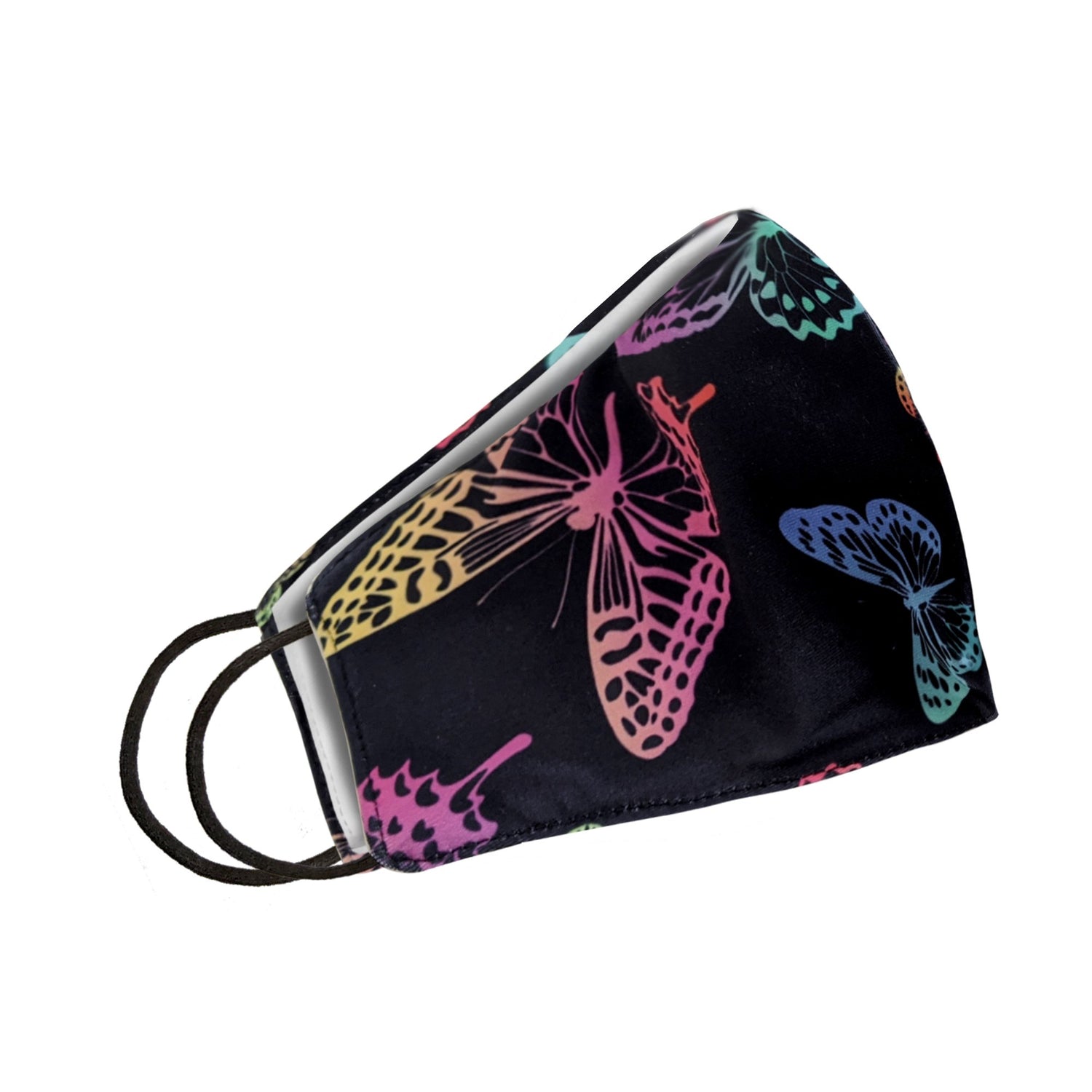 Black neon butterfly face mask for women by Cyan Poppy, featuring vibrant butterfly designs on a dark background.