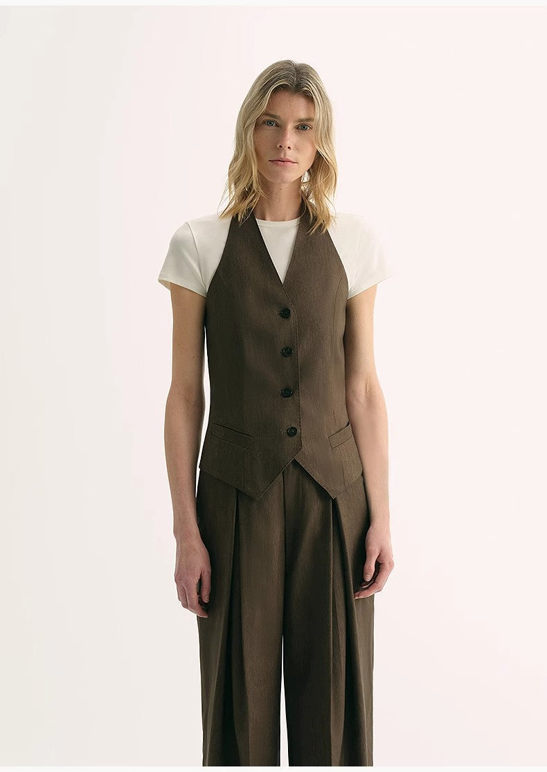Brown Coeus silk linen halterneck sleeveless jacket in classic old money style, featuring a cool and elegant design.