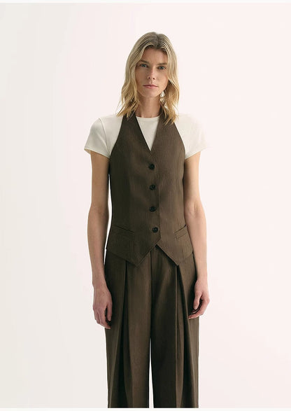 Brown Coeus silk linen halterneck sleeveless jacket in classic old money style, featuring a cool and elegant design.