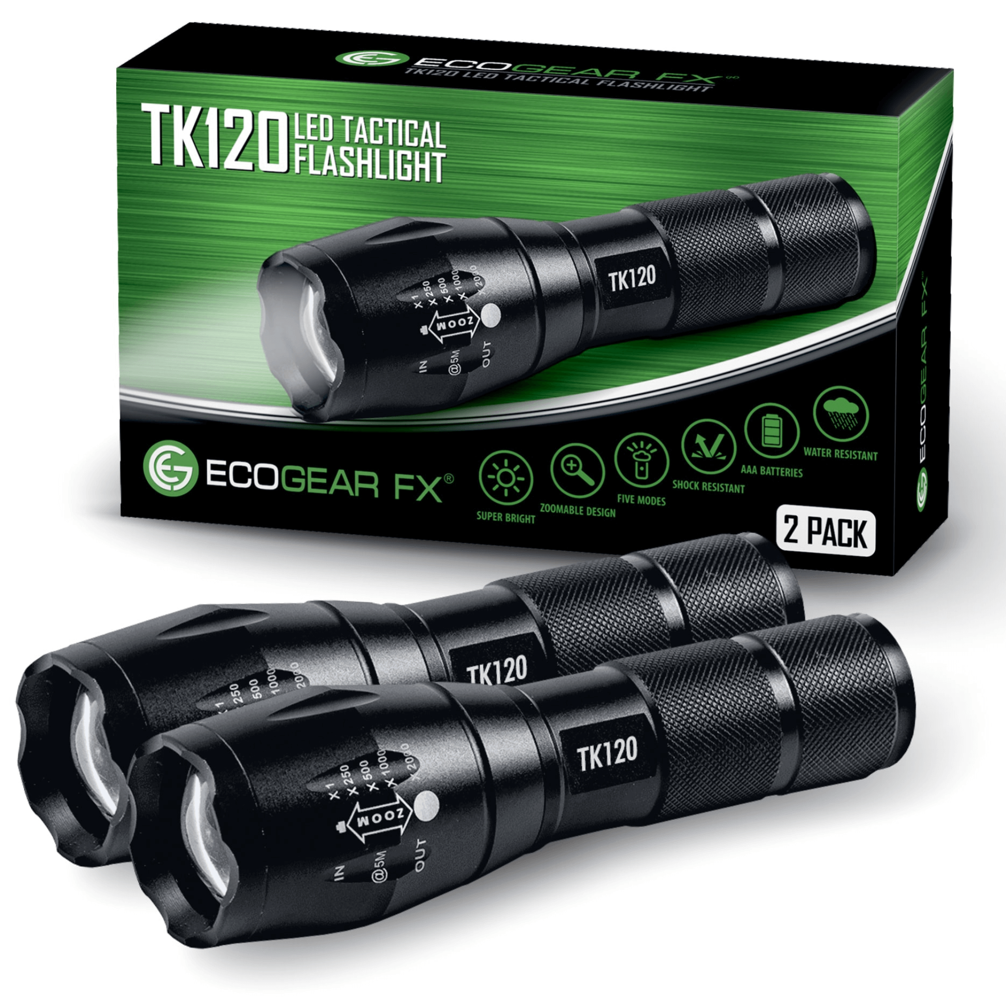 Black Lavender EcoGear FX TK120 LED tactical flashlight 2-pack with strobe mode, ideal for camping and outdoor activities.