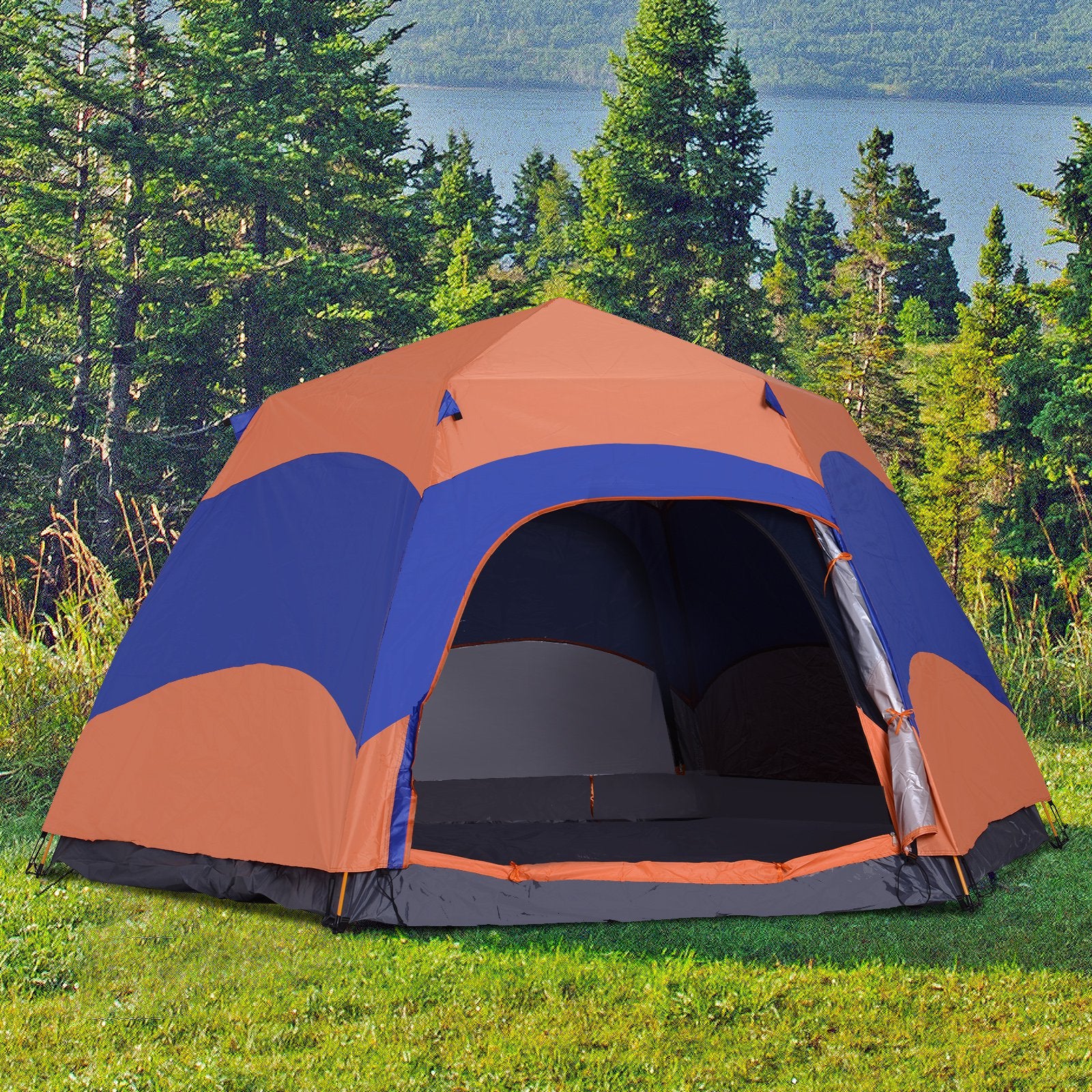 Outsunny 5-6 person hexagon double-layer camping tent by Taupe Shadow, portable and easy to set up for outdoor camping.