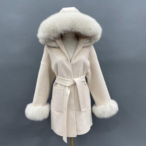 Carmine Juneberry oversized wool coat with double-sided fabric, hooded design, and plush fur collar for luxurious warmth.