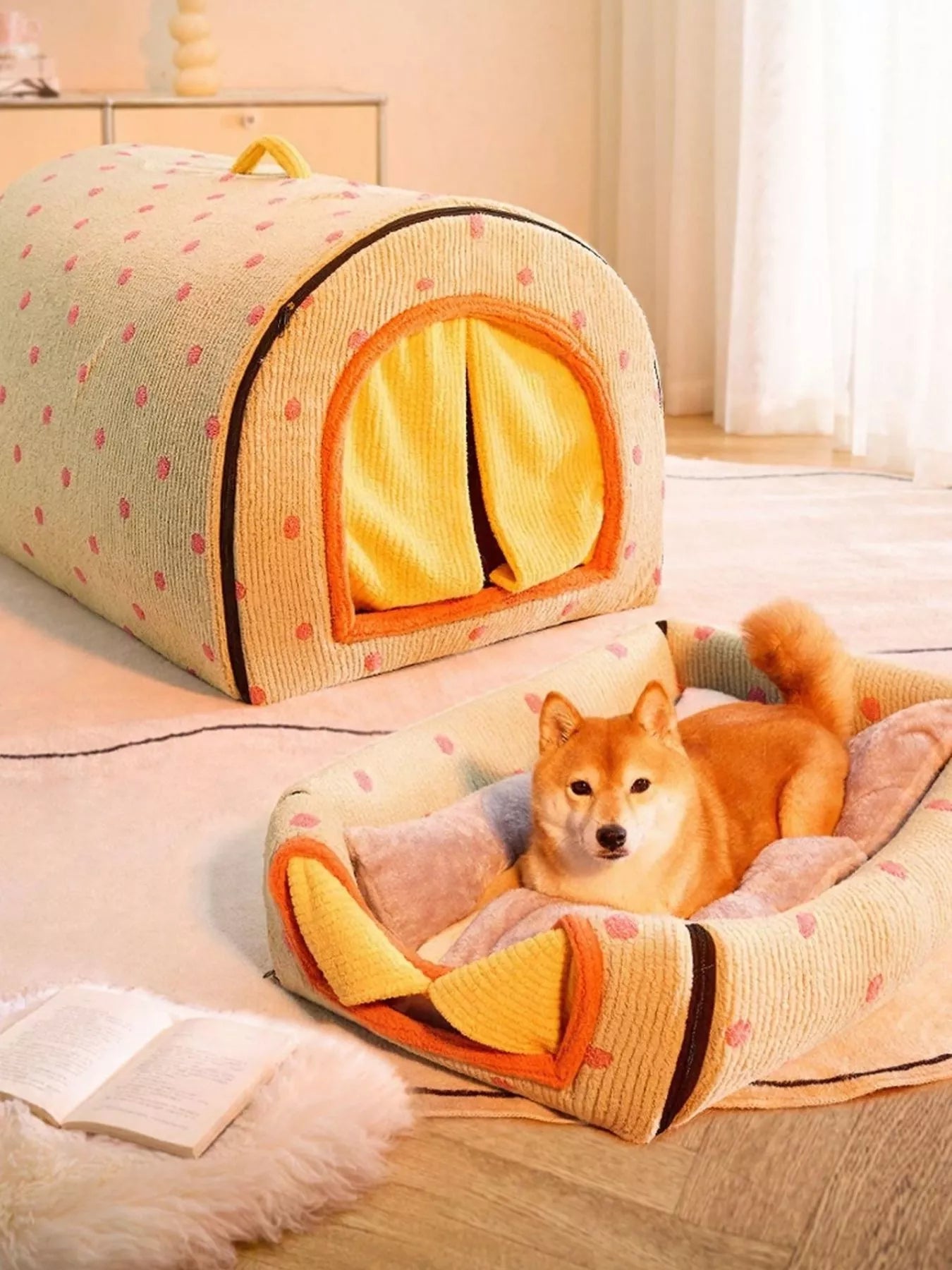 Pear Daisy cozy polka dot pet bed cave with handle, soft fabric and enclosed design for small pets.