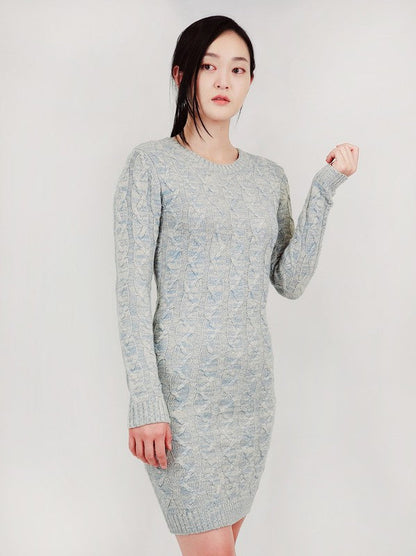 Heather gray cable knit long sleeve sweater dress for women by Jade Icarus, featuring a cozy, textured knit pattern.