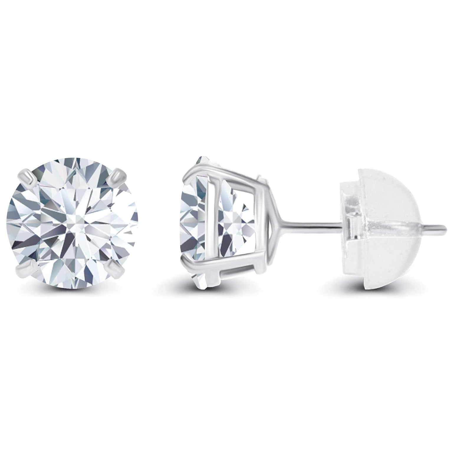 Round lab-grown diamond stud earrings in 14K white or yellow gold, featuring D color and VS clarity, from Start2Finish Jewelry.