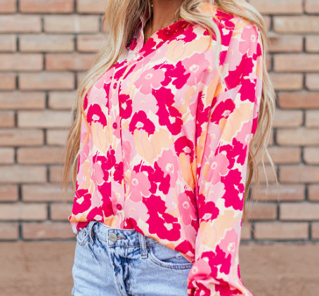 Pear Daisy blooming floral print puff sleeve buttoned shirt, perfect for home and garden wear, with vibrant floral design and stylish puff sleeves.