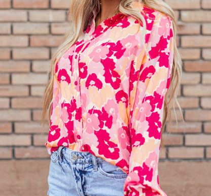 Pear Daisy blooming floral print puff sleeve buttoned shirt, perfect for home and garden wear, with vibrant floral design and stylish puff sleeves.