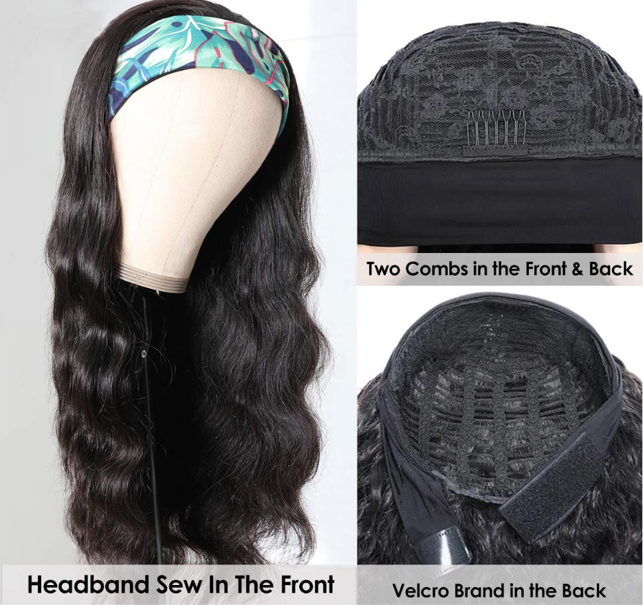 Cerise Alfie body wave human hair headband wig with scarf, easy to wear, no glue, suitable for women, bath and beauty accessory