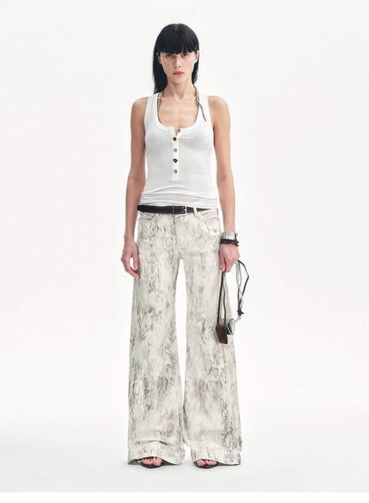 Brown Coeus Phantom snake print flared denim trousers with a stylish, fitted design and distinctive snake pattern.