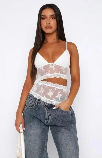 Pear Daisy lace-stitched backless small sling V-neck tank top, ideal for women’s underwear and loungewear.