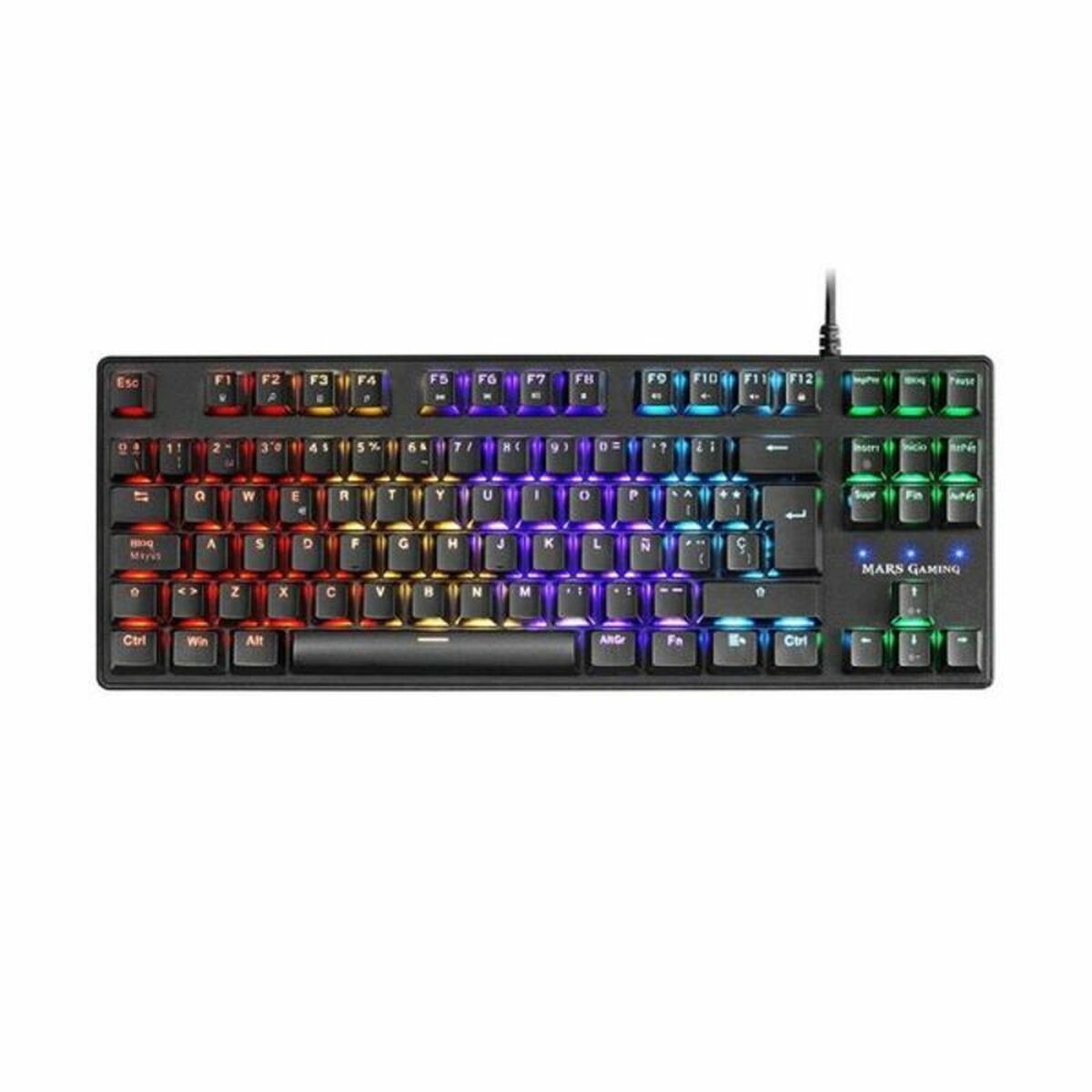 Gaming keyboard Mars Gaming MKXTKLR with RGB backlit keys and mechanical switches, showing a sleek black design.