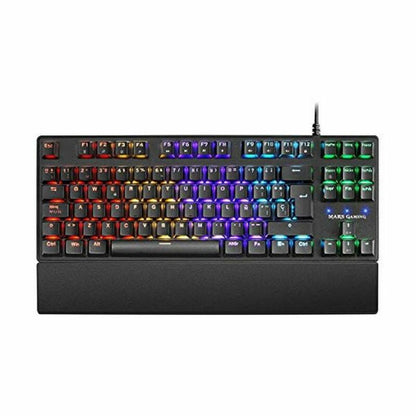 Gaming keyboard Mars Gaming MKXTKLR with RGB backlit keys and mechanical switches, designed for gamers.