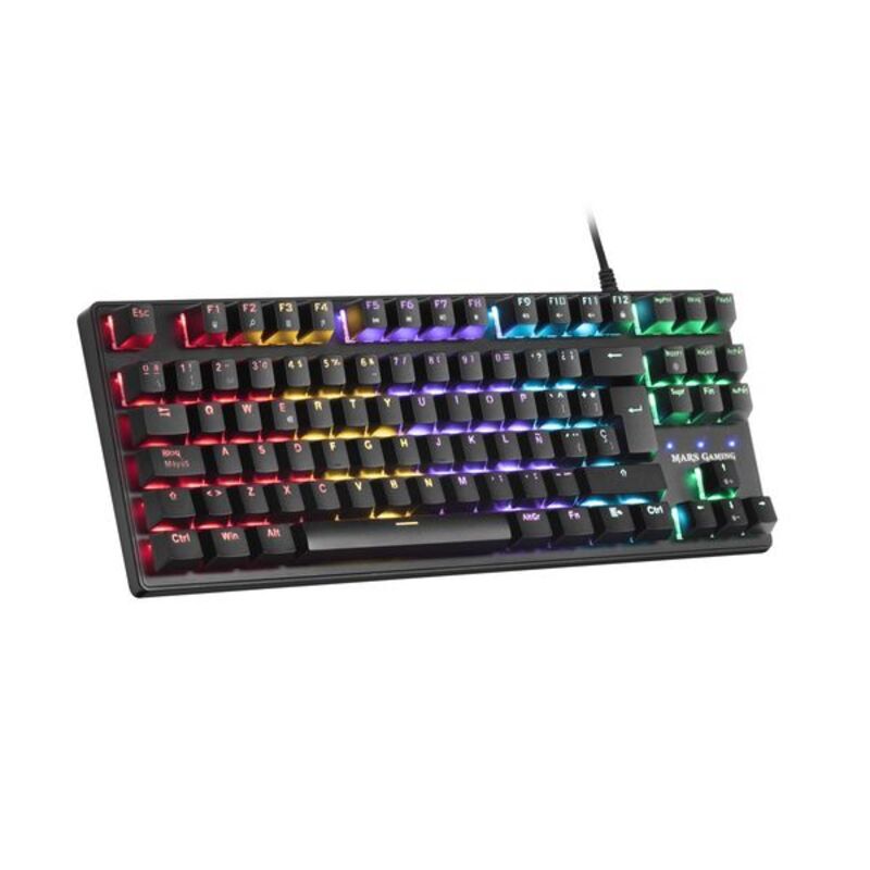 Gaming keyboard Mars Gaming MKXTKLR with RGB backlit keys and mechanical design, shown in a close-up view.