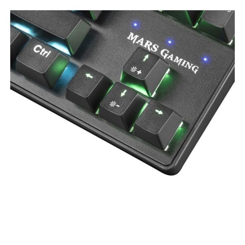 Gaming keyboard Mars Gaming MKXTKLR with RGB backlit keys and mechanical switches, designed for gamers and computer enthusiasts.