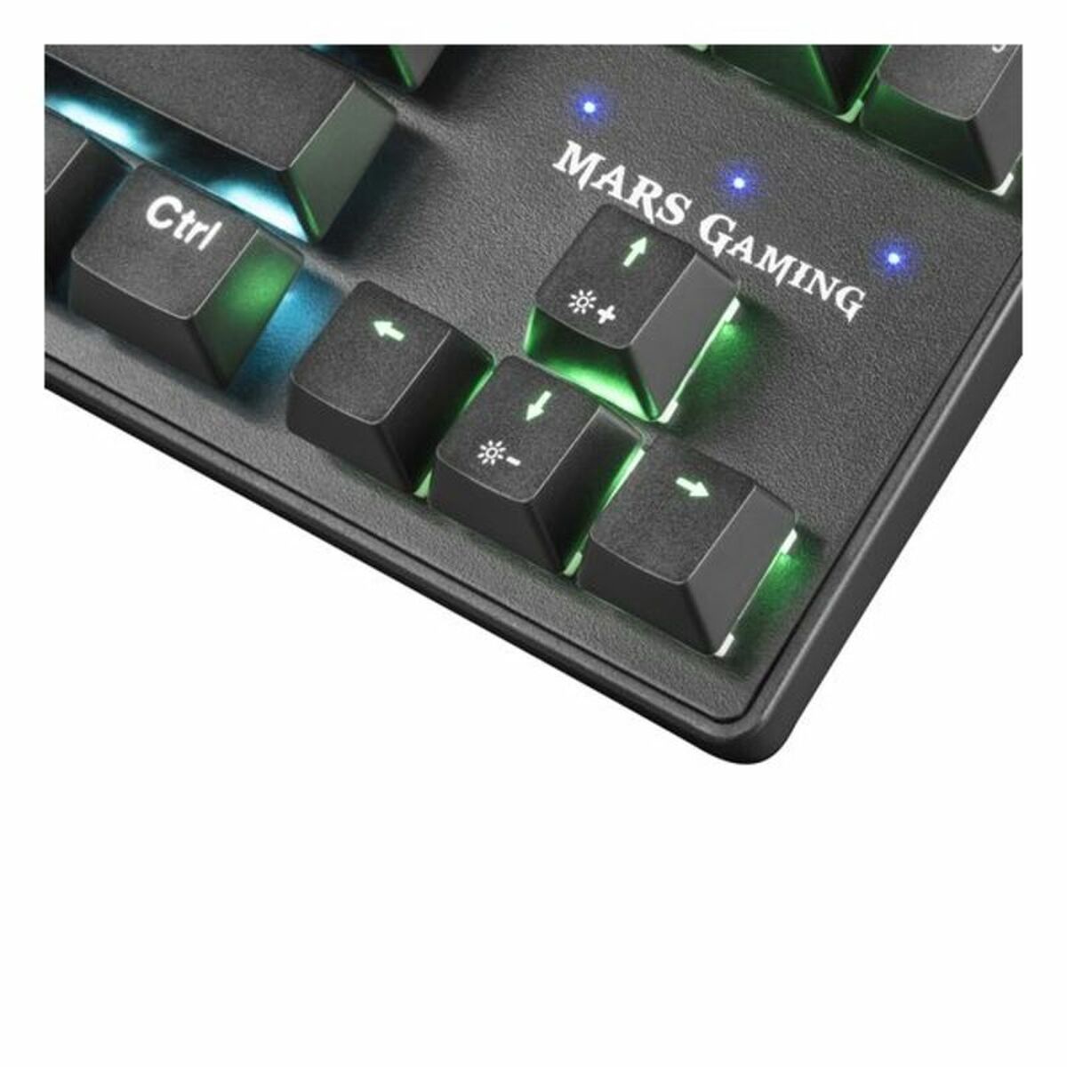 Gaming keyboard from Mars Gaming MKXTKLR model, featuring black keys and RGB backlighting for gaming and typing.