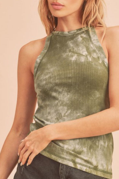 A ribbed tie-dye round neck tank top by Aemi + Co, with automotive-inspired design in vibrant colors and soft fabric.