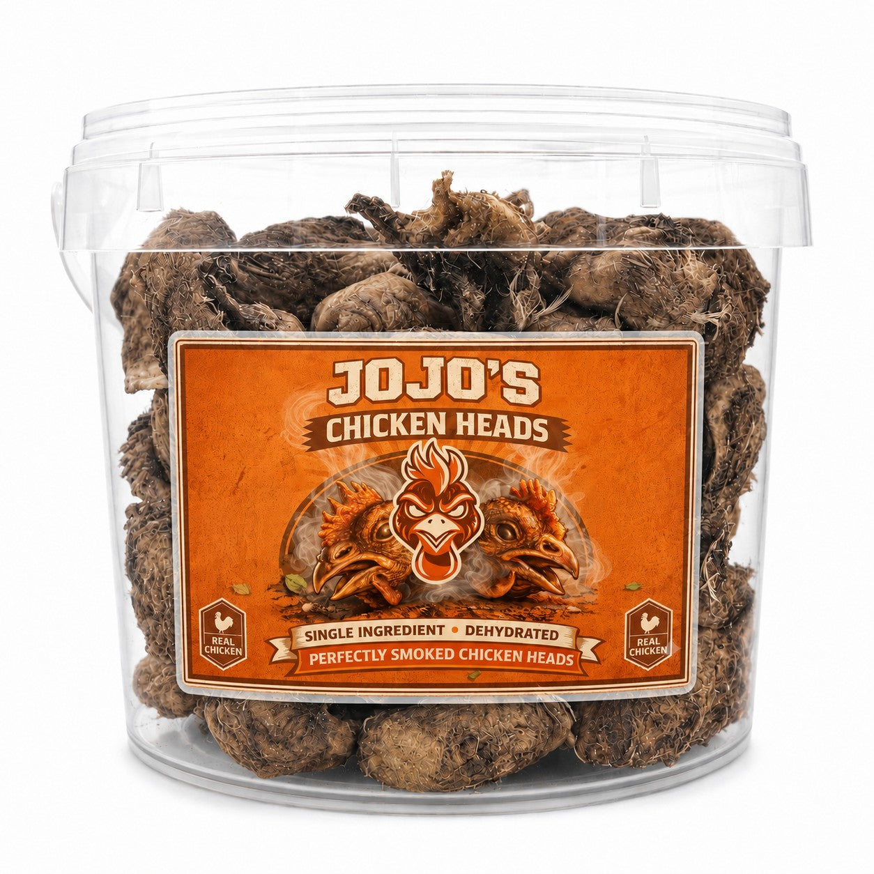 Start2Finish smoked chicken heads dog treats in a 5L bucket, natural high-protein pet chews for dogs, 80 pieces.