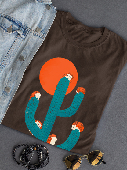 Start2Finish Hedgehogs on a Cactus T-shirt featuring playful hedgehog illustrations on a green cactus design.